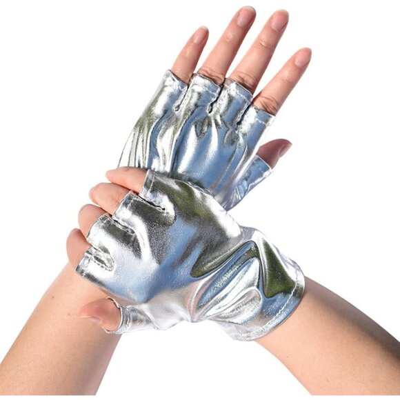 Women\'s Silver-2 Fingerless Cosplay Gothic Gloves Punk Rock Halloween Party